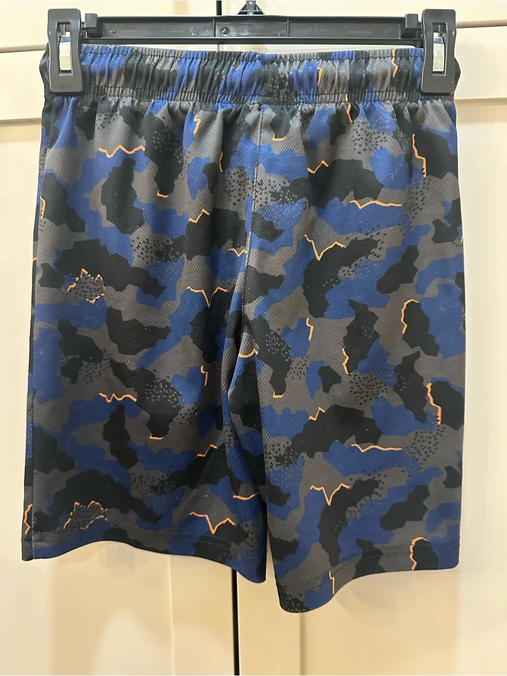 Boys blue & Black Camouflage Athletic Shorts with Orange Accent-YM 7/8